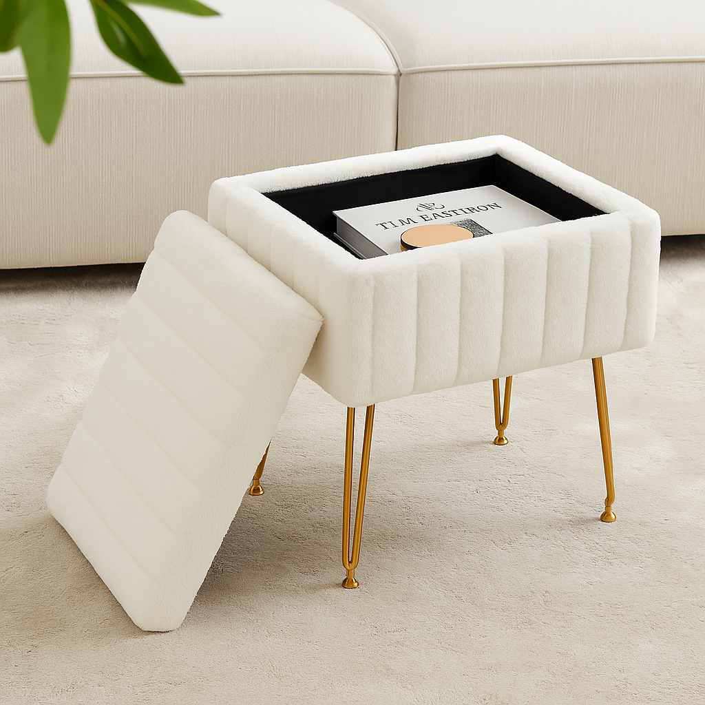 Faux Fur Storage Ottoman – Plush Makeup Stool with Hidden Compartment & Gold Legs