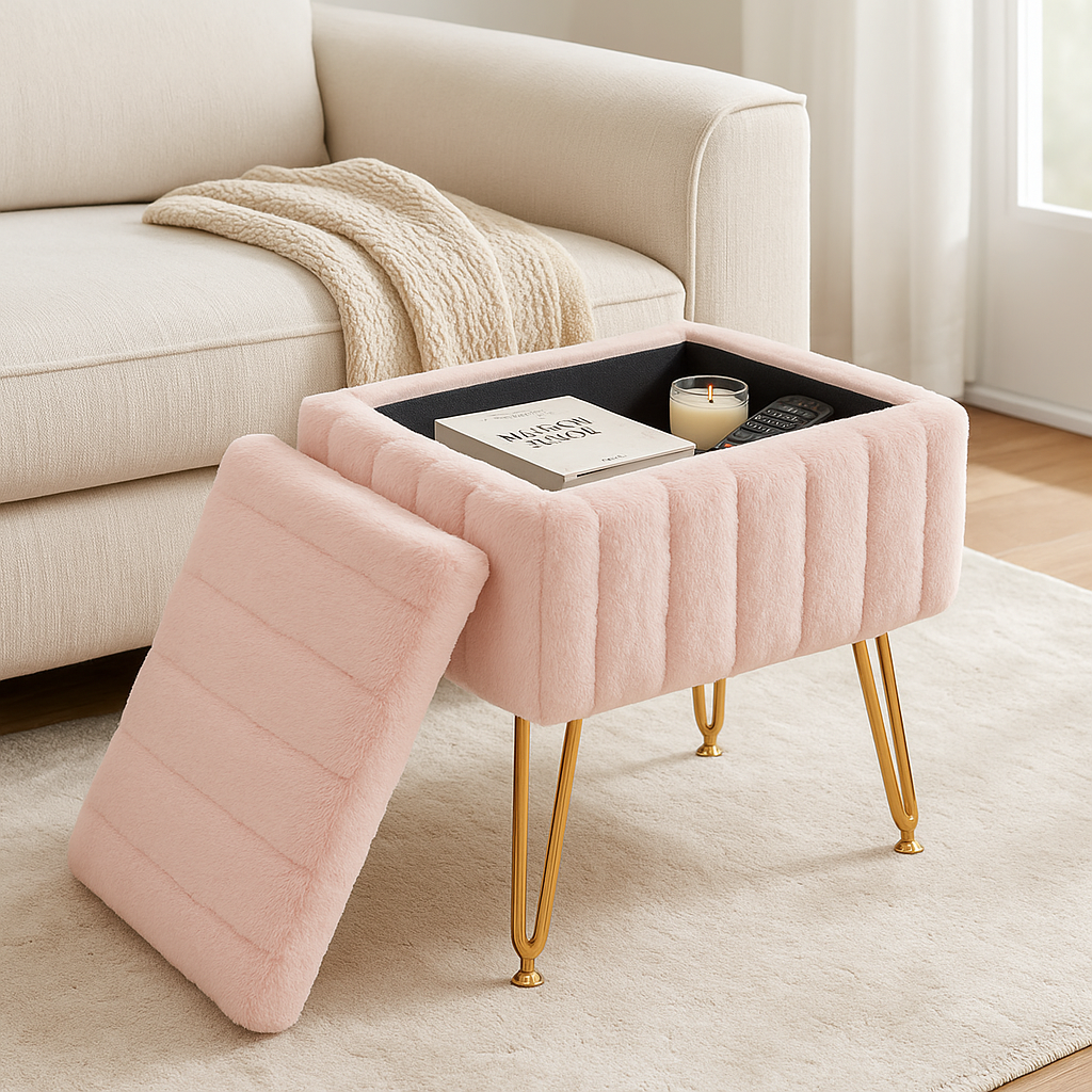 Faux Fur Storage Ottoman – Plush Makeup Stool with Hidden Compartment &amp; Gold Legs