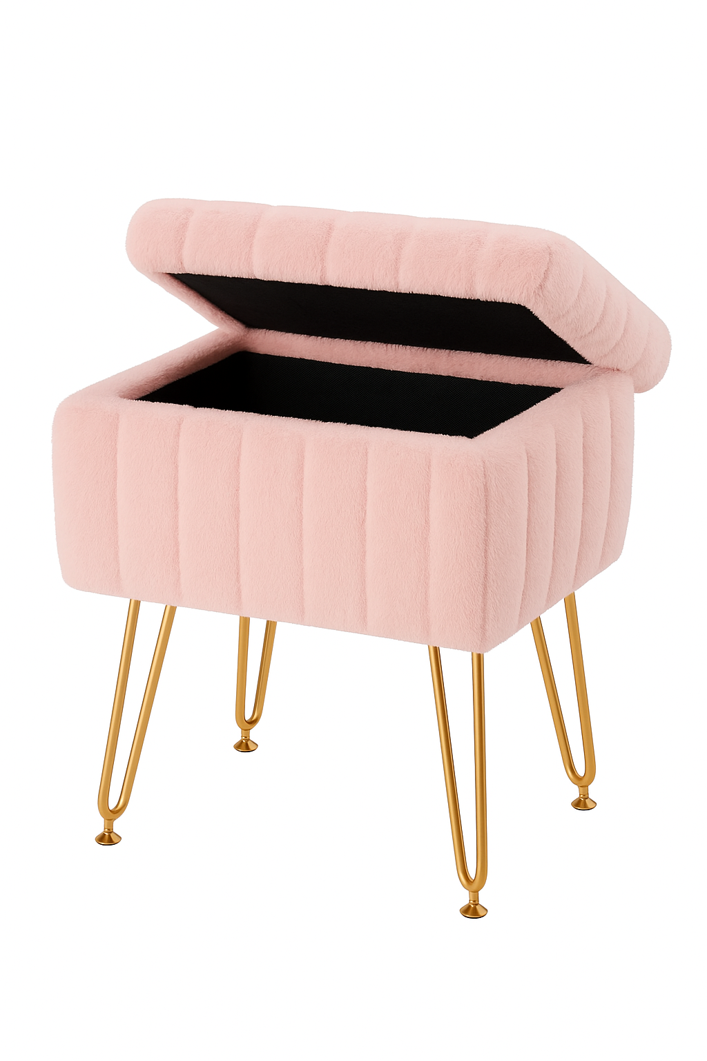Faux Fur Storage Ottoman – Plush Makeup Stool with Hidden Compartment &amp; Gold Legs