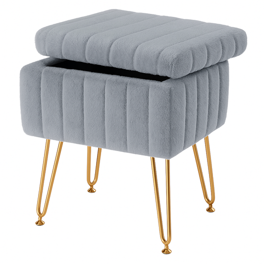 Faux Fur Storage Ottoman – Plush Makeup Stool with Hidden Compartment &amp; Gold Legs