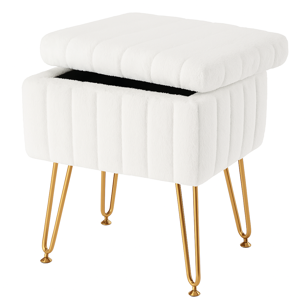 Faux Fur Storage Ottoman – Plush Makeup Stool with Hidden Compartment &amp; Gold Legs