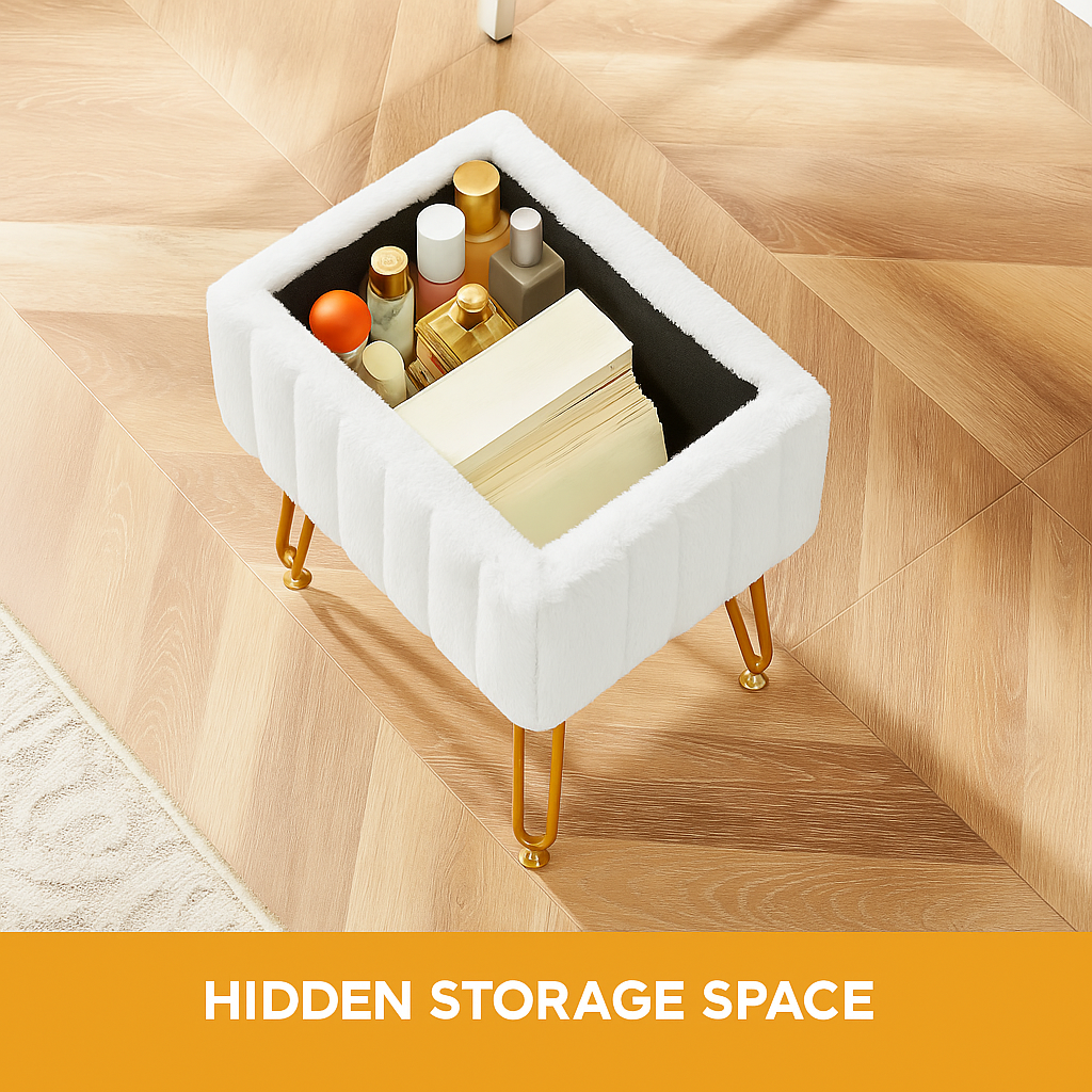 Faux Fur Storage Ottoman – Plush Makeup Stool with Hidden Compartment &amp; Gold Legs