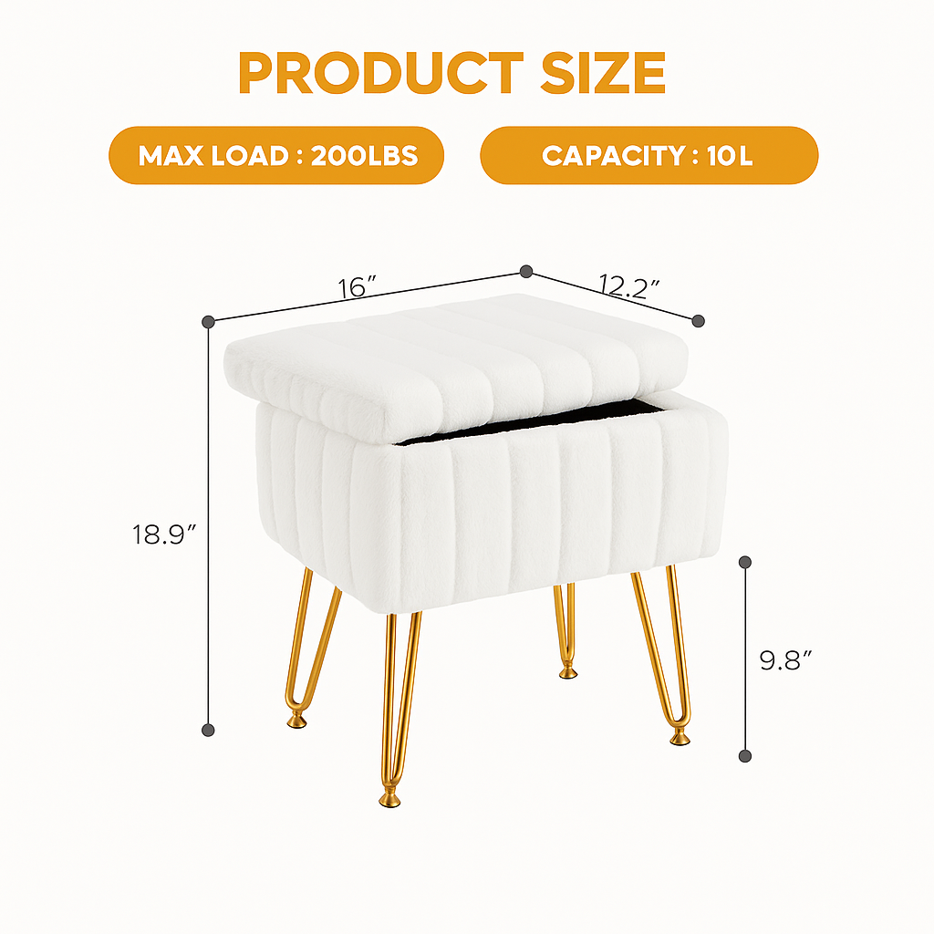 Faux Fur Storage Ottoman – Plush Makeup Stool with Hidden Compartment &amp; Gold Legs